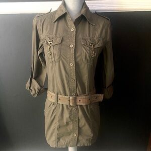 VTG Military Green Tab Sleeve Belted Button-Down Tunic w/ Pockets Size Medium